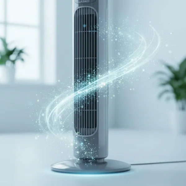 Subtle visual representation of fresh air with negative ions around a Lasko tower fan.