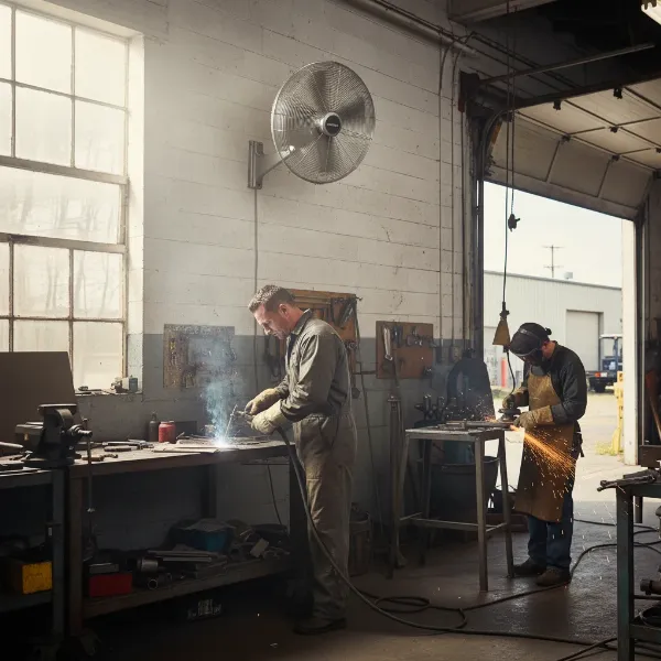 Air King 9018 wall fan effectively cooling a busy workshop or home gym area.