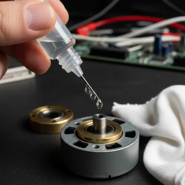 Close-up of a hand applying non-detergent oil to an electric fan motor bearing.