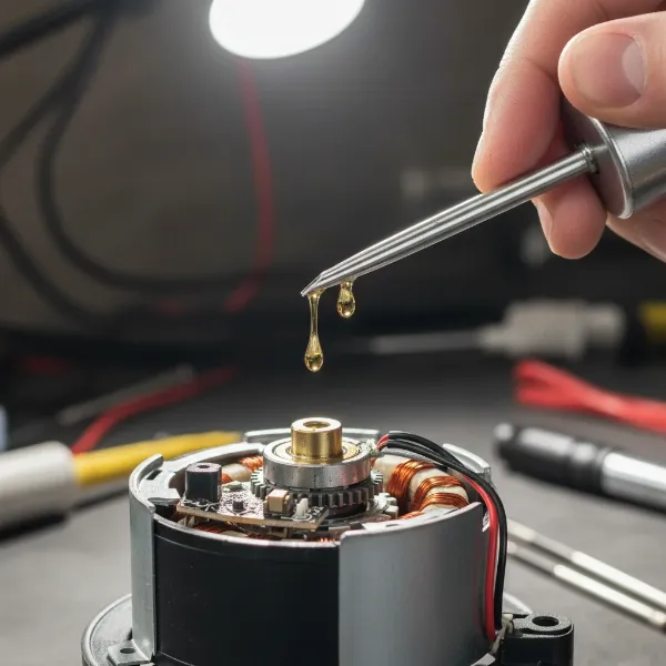 Hand applying machine oil to an electric fan motor bearing with a precision oiler.