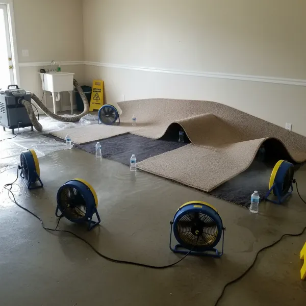 Multiple industrial fans strategically placed to dry a lifted, wet carpet.