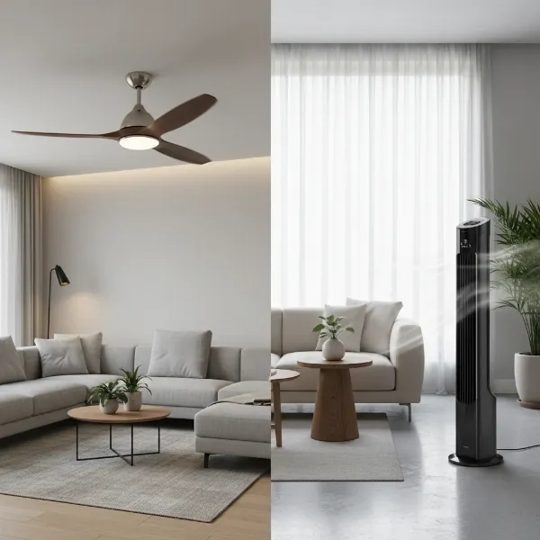 A side-by-side comparison of a ceiling fan and a floor fan in a living room setting.