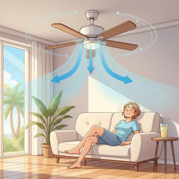 Ceiling fan spinning counter-clockwise, creating a cooling downdraft, making a person feel cool in summer.
