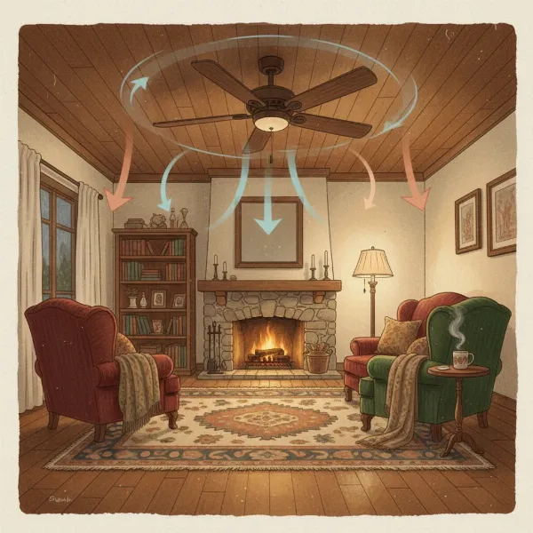 Ceiling fan rotating clockwise, gently pulling warm air up to redistribute heat downwards in a cozy winter room.