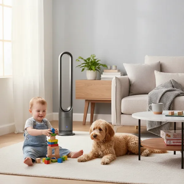 A child and a pet dog safely playing near a bladeless electric fan in a living room.
