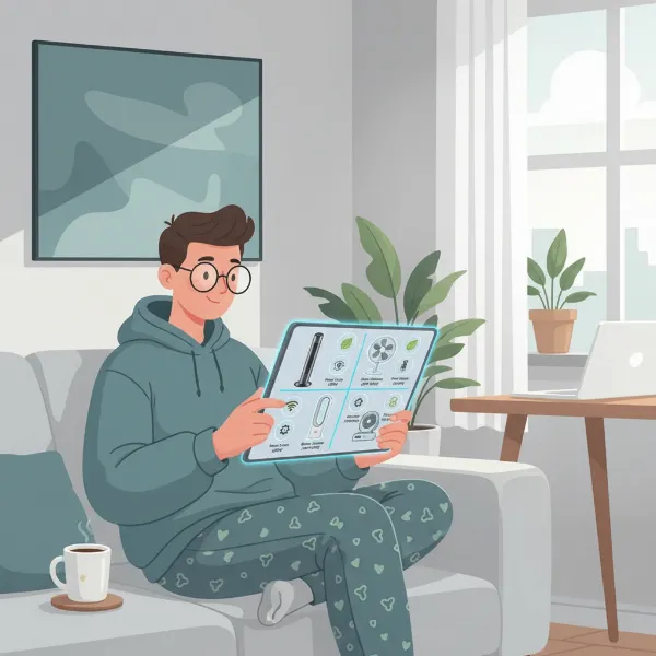 Person comparing different electric fan features and specifications on a tablet, considering power, noise, and energy efficiency.