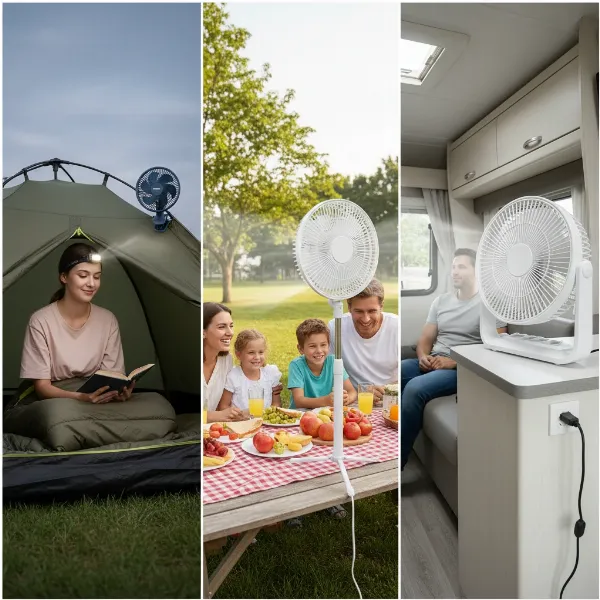 People using various portable electric fans in different scenarios, highlighting selection criteria.