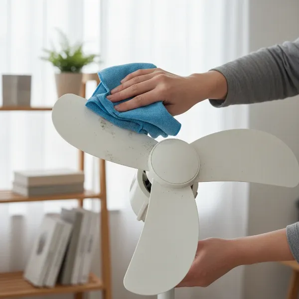 A person cleaning the dusty blades of an electric fan with a damp microfiber cloth.