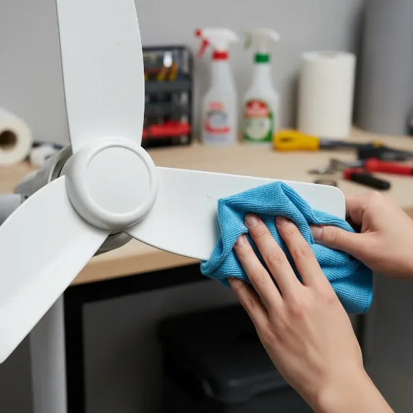 A person demonstrating how to clean the blades and grille of a disassembled wall mount fan for maintenance.