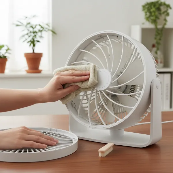 A person carefully cleaning the blades and interior of a disassembled Woozoo Globe Fan.