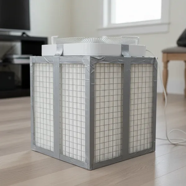 A multi-filter Corsi-Rosenthal Box DIY air purifier with four MERV 13 filters forming a cube and a box fan on top.