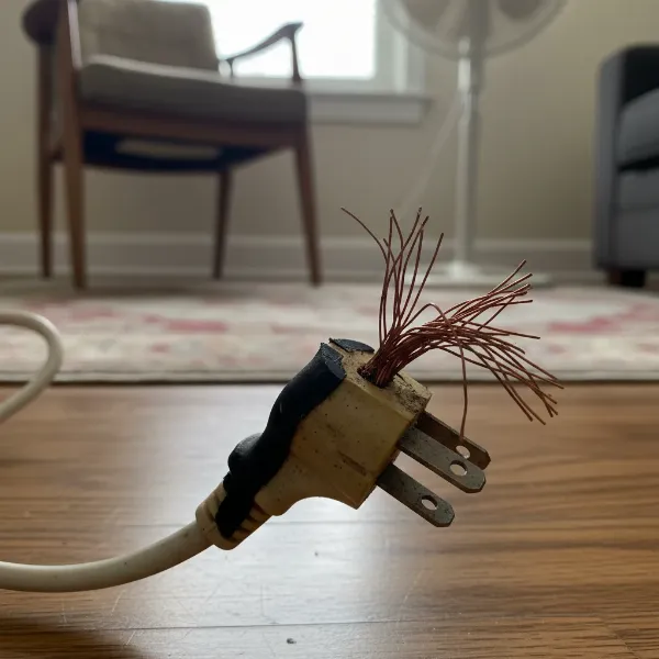 A close-up of a damaged electric fan power cord with frayed wires and a bent plug.