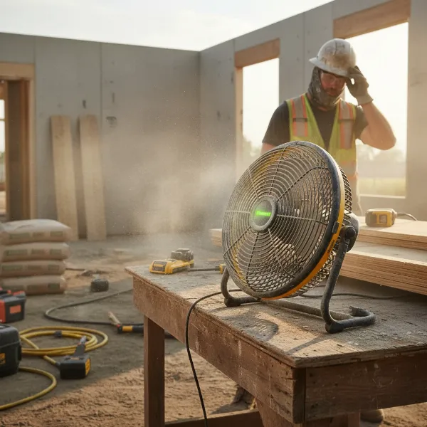 DeWalt 20V MAX fan in a jobsite and outdoor setting, demonstrating versatility