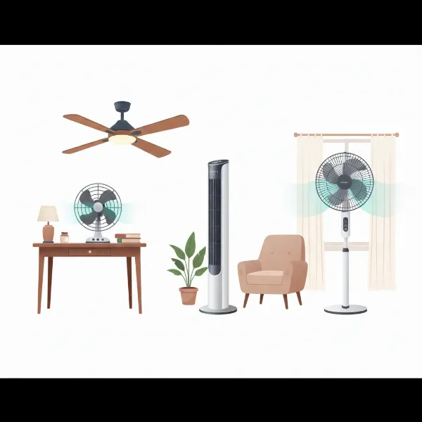 Illustration showing different types of electric fans like ceiling, table, pedestal, and tower.