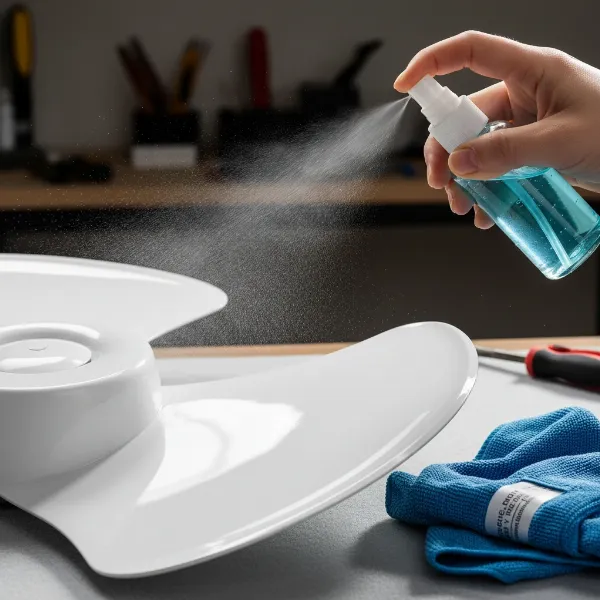 A close-up of a hand spraying DIY dust repellent on a clean electric fan blade.