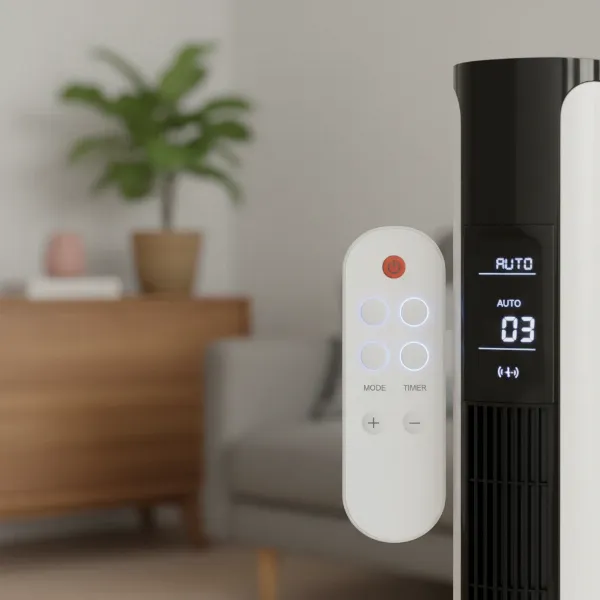 Dreo Cruiser Pro T1 remote control and fan's LED display showing various settings.