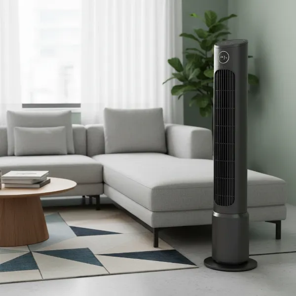 Sleek, modern Dreo Cruiser Pro T1 tower fan with a slim profile in a contemporary living room.