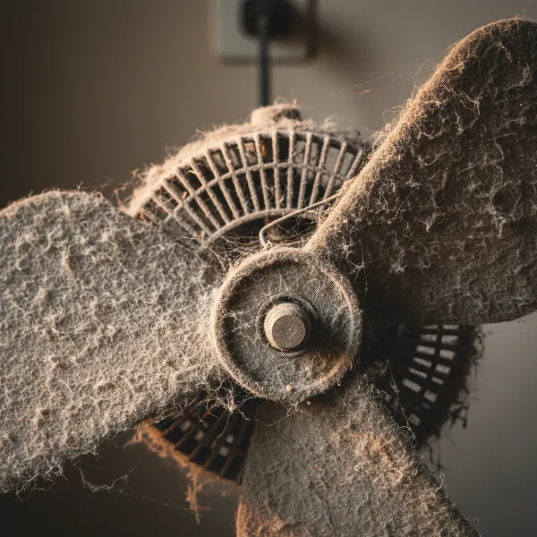 A close-up of a neglected electric fan motor and blades covered in thick dust.