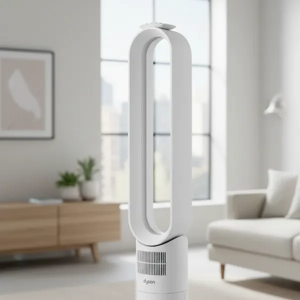Dyson AM07 tower fan in a modern room, highlighting its sleek design and magnetic remote.