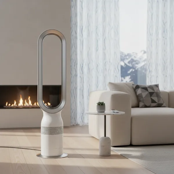 Dyson Hot+Cool AM09 in a contemporary home setting, highlighting its bladeless design and premium aesthetic.