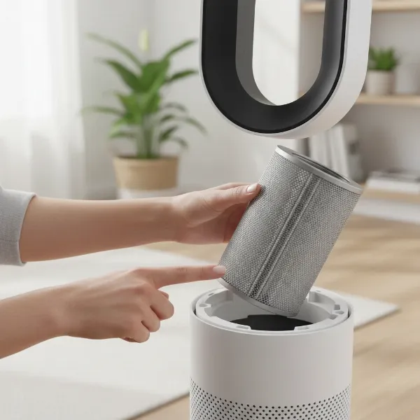 Hands replacing the 360-degree HEPA carbon filter in a Dyson Pure Cool Link