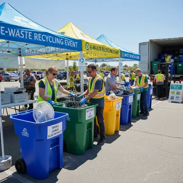 People dropping off various electronic waste, including old fans, at a designated e-waste collection center.