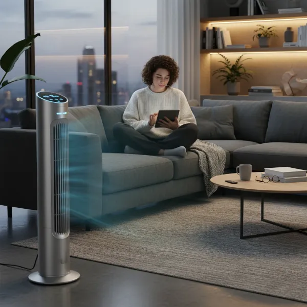 A person relaxing comfortably in a modern living room, with a quiet electric fan providing a gentle breeze.