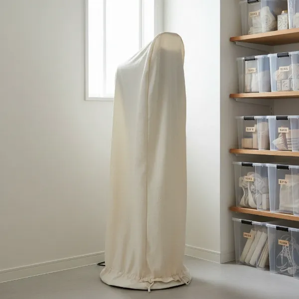 An electric fan neatly covered for winter storage, protected from dust and damage