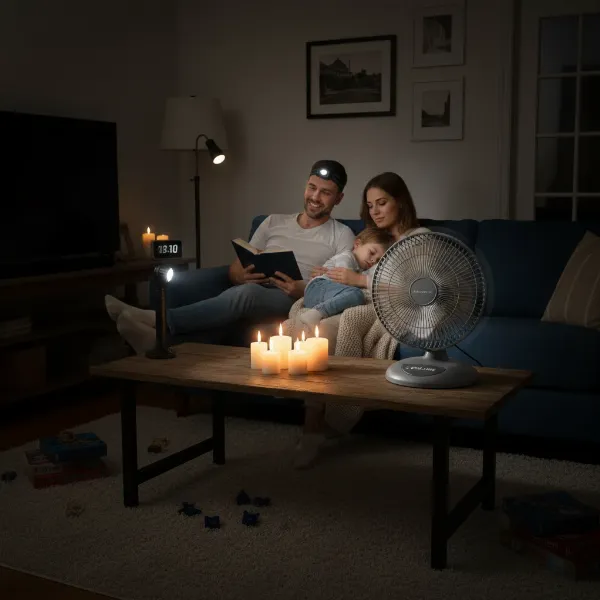 A family using a portable battery-operated fan in a dimly lit living room during a power outage