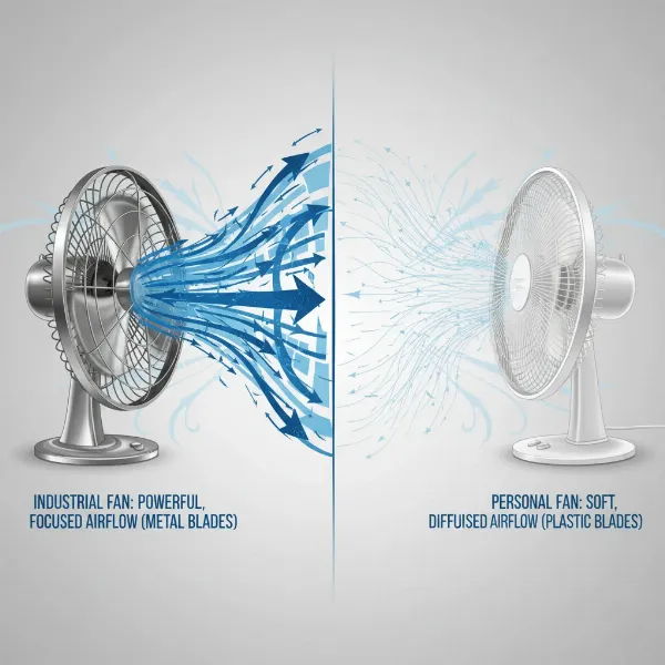 Visual comparison of strong, directed airflow from a metal fan and gentle, diffuse airflow from a plastic fan.