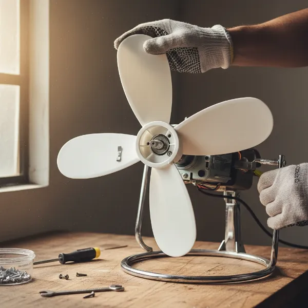 Hands carefully installing a new fan blade onto an electric fan motor shaft.