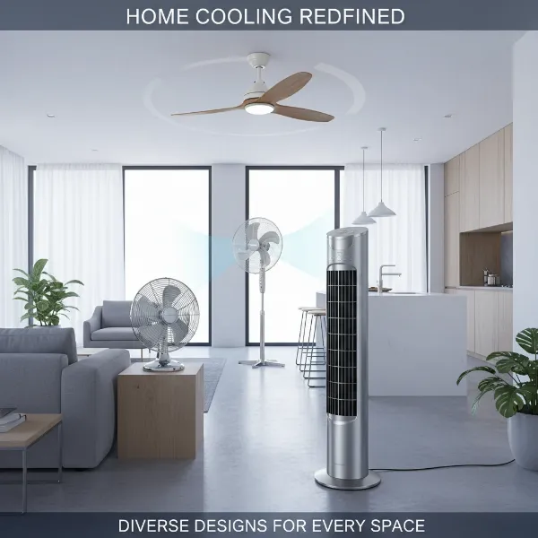 Different types of electric fans like ceiling, table, pedestal, and tower fans.