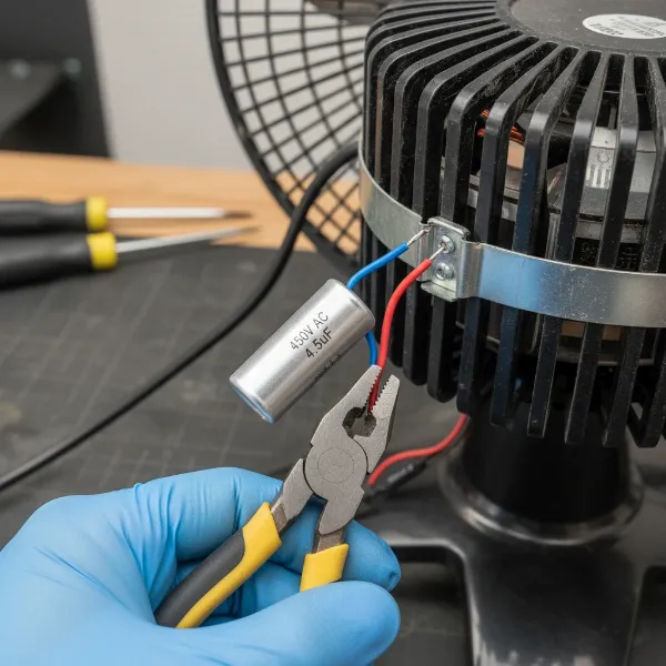 Close-up of a cylindrical capacitor being replaced in an electric fan motor assembly.