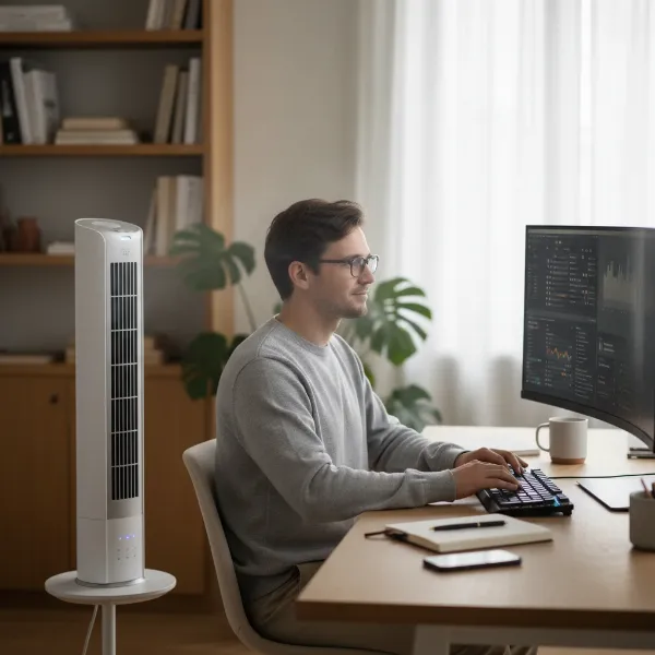 A person working at a desk with a sleek tower fan providing targeted personal cooling.