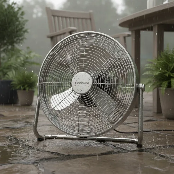 Geek Aire outdoor floor fan with metal housing and blades, resisting light rain.