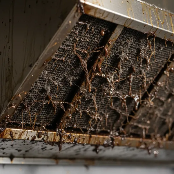 Close-up of a kitchen exhaust fan with heavy, sticky grease and dust buildup on its filters and housing.