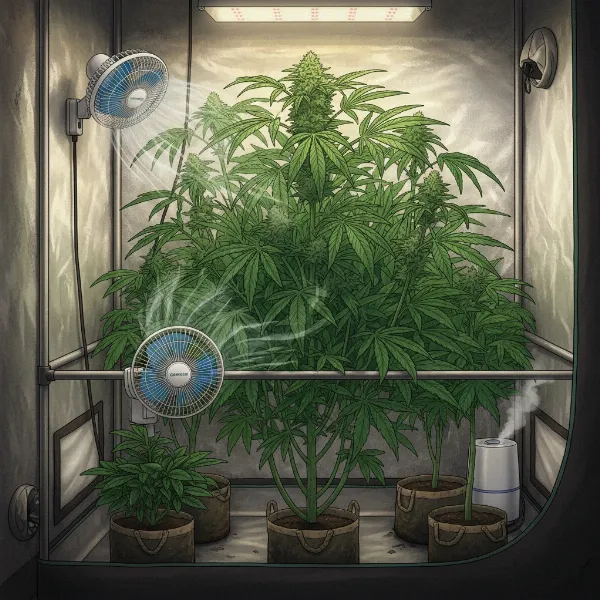 Two Genesis clip-on fans placed strategically in a grow tent for optimal airflow.