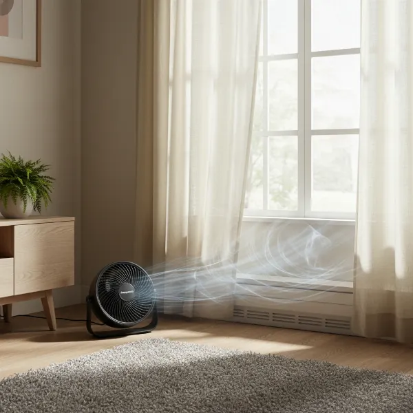 Honeywell HT-900 fan circulating air in a room, illustrating energy efficiency when paired with HVAC systems.