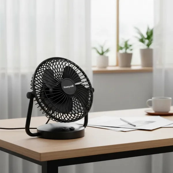 Honeywell HT-900 TurboForce fan on a minimalist desk, showcasing its compact size and adjustable tilt.