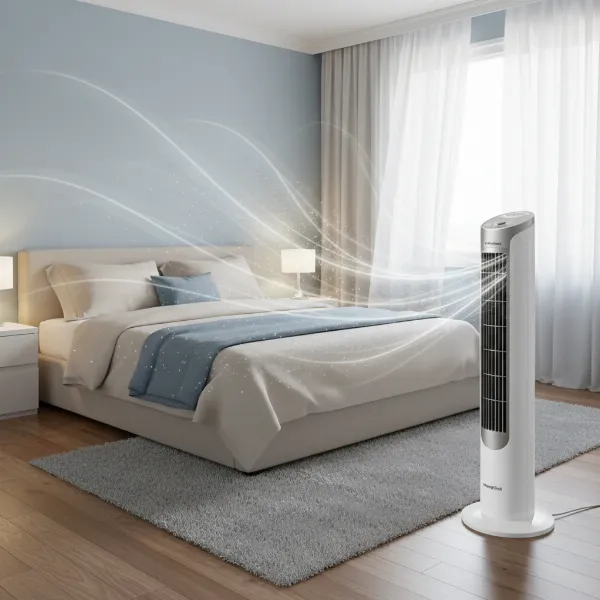 Honeywell QuietSet tower fan providing quiet, effective airflow in a medium-sized room, enhancing comfort.