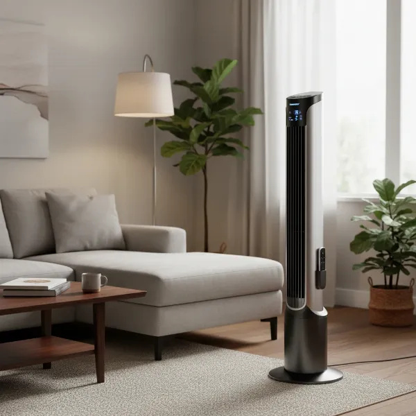 Honeywell QuietSet tower fan with remote control and dimmable display for comfortable home cooling.