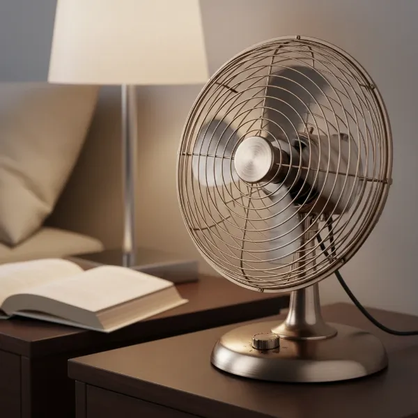 Hunter 12-inch retro fan operating quietly, showing adjustable tilt and rotary controls on a bedside table.