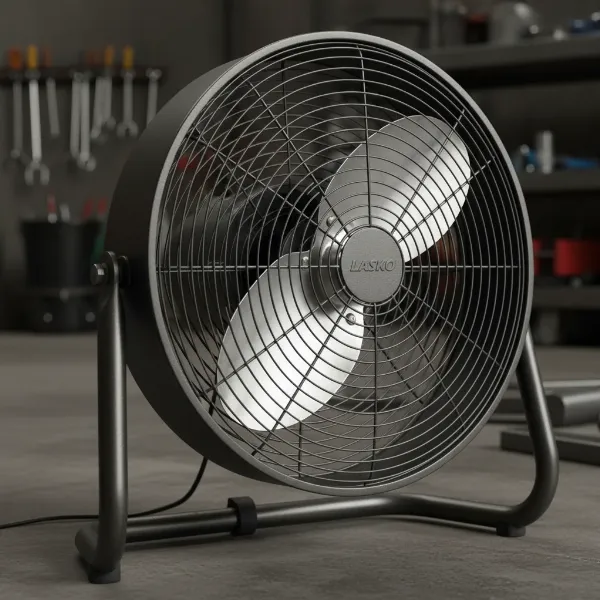 Close-up of Lasko 20-inch high velocity fan showing its robust metal construction.
