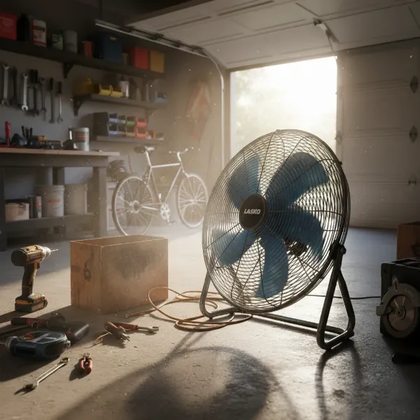 Lasko 3300 Wind Machine operating in a garage, circulating air to improve ventilation.