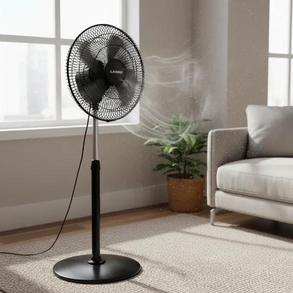 Powerful Lasko 18-inch Cyclone pedestal fan in a modern living room, demonstrating strong airflow.