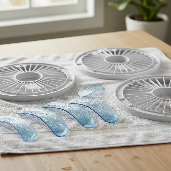 Cleaned Lasko fan parts, including blades and grills, air drying on a towel.