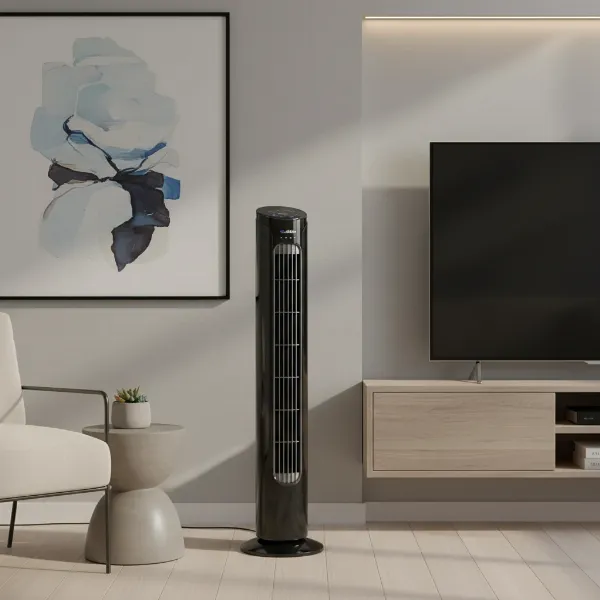 Sleek black Lasko T42950 Wind Curve tower fan standing tall in a modern living room.