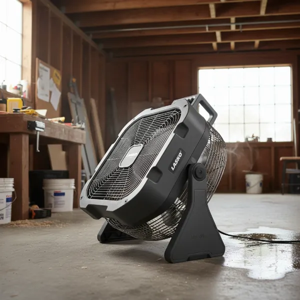 Lasko U12104 utility fan with its head pivoted to direct airflow precisely.