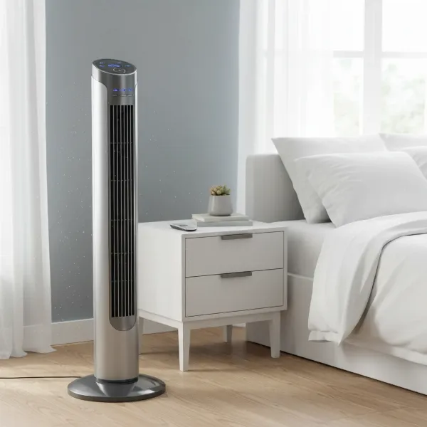 A Lasko Wind Curve tower fan with remote control, showing its sleek design and digital display.