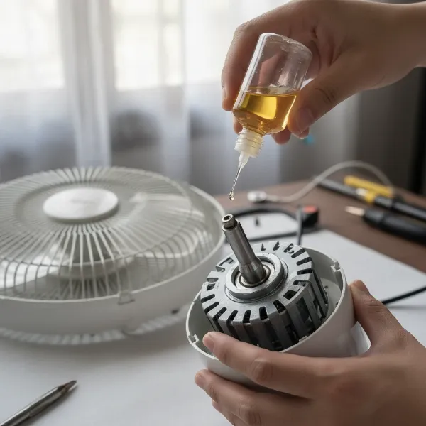 A person carefully applies oil to a disassembled electric fan's motor shaft and bearings.